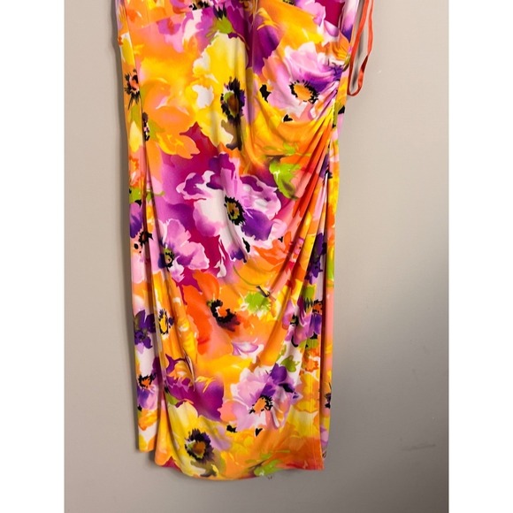 Lauren Ralph Lauren Floral Wrap Ruched Sheath Dress Orange Pink Purple Size 10 - Picture 2 of 7